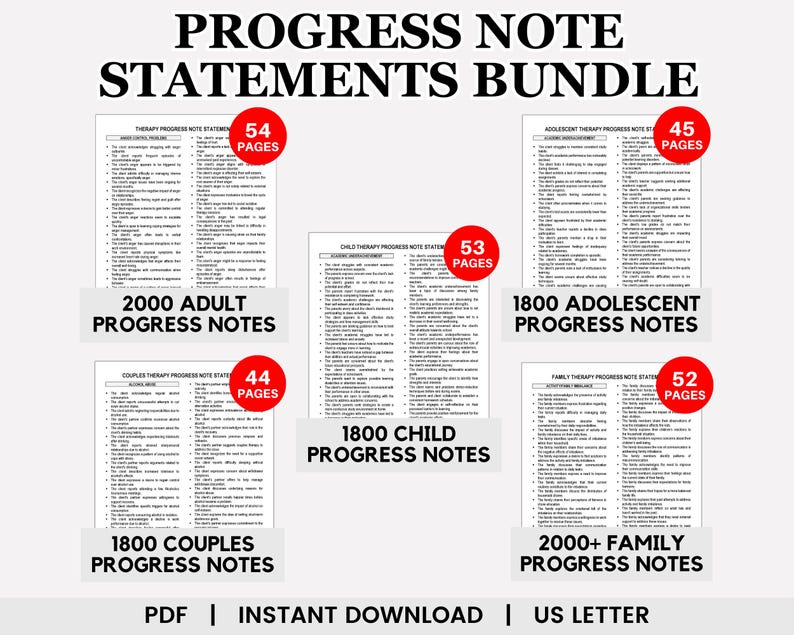 May include: A digital download bundle of progress note statements for therapists. The bundle includes 2000 adult, 1800 child, 1800 couples, 1800 adolescent, and 2000+ family progress notes. Each set is available in PDF format and includes 44 to 54 pages.