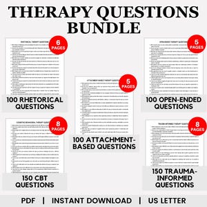 Op de afbeelding: Een bundel therapievragen in PDF-formaat, inclusief retorische, open, cognitieve gedragstherapie, hechting-gebaseerde en trauma-geïnformeerde vragen. Elke set vragen wordt weergegeven op een witte achtergrond met rode cirkels die het aantal pagina's aangeven.