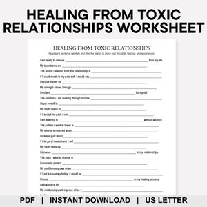 Op de afbeelding: Een wit werkblad getiteld "HEALING FROM TOXIC RELATIONSHIPS WORKSHEET" met invulvragen. De tekst bevat zinnen als "Ik ben klaar om los te laten" en "Mijn grenzen zijn". De onderkant van de pagina luidt "PDF | DIRECT DOWNLOADEN | US LETTER."
