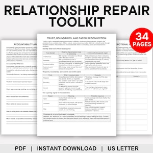 May include: A Relationship Repair Toolkit document set consisting of 34 pages in US Letter format. The pages feature black text on white paper, including tables titled Trust, Boundaries, and Paced Reconnection, Accountability, and Emotional Inventory.