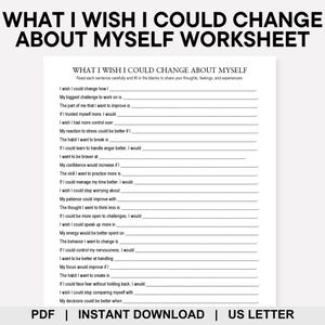 May include: A printable worksheet titled "WHAT I WISH I COULD CHANGE ABOUT MYSELF WORKSHEET" with fill-in-the-blank prompts. The document is in US Letter size and available for instant download in PDF format. The worksheet is designed for self-reflection.