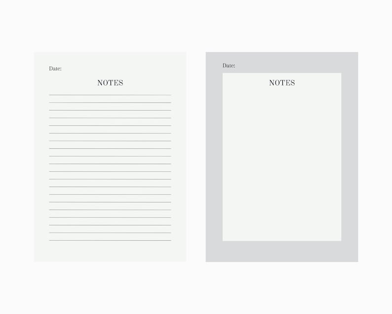 May include: Two blank lined note pages with the word "NOTES" at the top of each page. The page on the left is white and the page on the right is light gray.