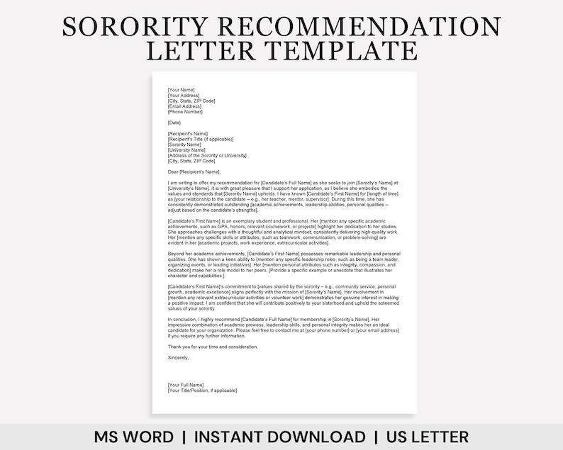 May include: A black and white sorority recommendation letter template. The template includes a sample letter with placeholders for the user to fill in their own information.