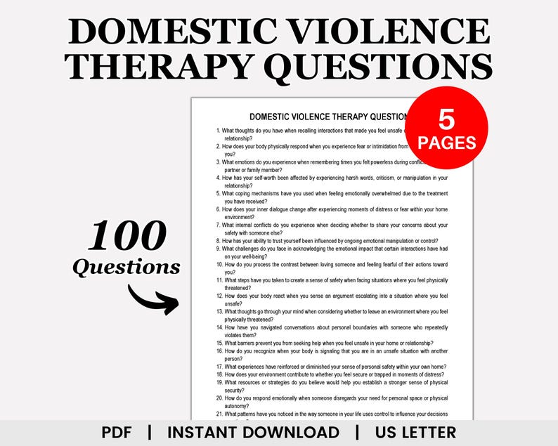 Puede incluir: Un documento en blanco y negro con el t&iacute;tulo "Domestic Violence Therapy Questions" y el texto "100 Questions" en una fuente grande. El documento enumera 21 preguntas relacionadas con la terapia de violencia dom&eacute;stica. El documento tambi&eacute;n tiene un c&iacute;rculo rojo con el texto "5 Pages" en blanco.