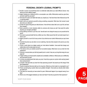 May include: A printable worksheet with 20 personal growth journal prompts. The worksheet is designed to help people reflect on their lives and make positive changes. The worksheet is printed on white paper and has a red circle with the text "5 PAGES" in the bottom right corner.
