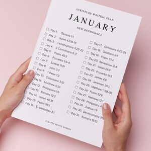 Pu&ograve; includere: Un piano di scrittura delle Scritture stampabile per gennaio con un elenco di versetti biblici da leggere e scrivere ogni giorno. Il piano &egrave; intitolato "Nuovi Inizi".