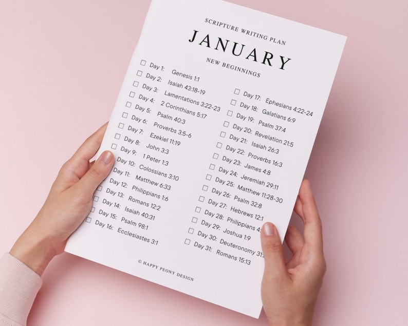 Pu&ograve; includere: Un piano di scrittura delle Scritture stampabile per gennaio con un elenco di versetti biblici da leggere e scrivere ogni giorno. Il piano &egrave; intitolato "Nuovi Inizi".