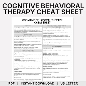 Puede incluir: Una hoja de referencia de terapia cognitivo-conductual en color blanco con texto negro organizado en secciones que incluyen definición, principios clave, componentes principales, problemas tratados y técnicas en una página tamaño carta.