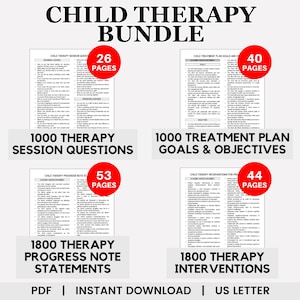 Peut inclure: Un lot de ressources imprimables t&eacute;l&eacute;chargeables num&eacute;riquement pour la th&eacute;rapie des enfants, comprenant 1000 questions de s&eacute;ance de th&eacute;rapie, 1000 objectifs et objectifs de plan de traitement, 1800 &eacute;nonc&eacute;s de notes de progr&egrave;s en th&eacute;rapie et 1800 interventions en th&eacute;rapie. Le lot comprend respectivement 26, 40, 53 et 44 pages. Le texte "PDF | T&Eacute;L&Eacute;CHARGEMENT INSTANTAN&Eacute; | LETTRE US" est en bas de l'image.