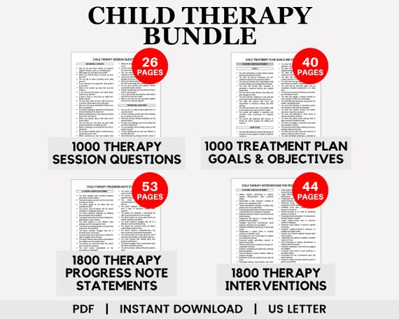 Child Therapy Bundle, Kids Therapy, Therapy Questions, Goals and Objectives, Progress Notes, Therapy Interventions, Treatment Planner