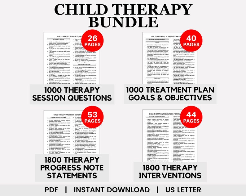 Peut inclure: Un lot de ressources imprimables t&eacute;l&eacute;chargeables num&eacute;riquement pour la th&eacute;rapie des enfants, comprenant 1000 questions de s&eacute;ance de th&eacute;rapie, 1000 objectifs et objectifs de plan de traitement, 1800 &eacute;nonc&eacute;s de notes de progr&egrave;s en th&eacute;rapie et 1800 interventions en th&eacute;rapie. Le lot comprend respectivement 26, 40, 53 et 44 pages. Le texte "PDF | T&Eacute;L&Eacute;CHARGEMENT INSTANTAN&Eacute; | LETTRE US" est en bas de l'image.