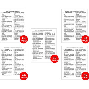 May include: Five pages of printable therapy progress note statements for couples, children, adolescents, and families. Each page has a red circle with the number of pages and the word "PAGES" in white text.