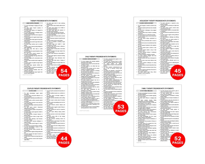 May include: Five pages of printable therapy progress note statements for couples, children, adolescents, and families. Each page has a red circle with the number of pages and the word "PAGES" in white text.