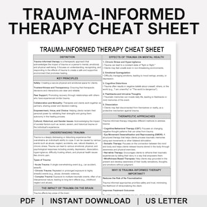 Peut inclure: Un document blanc intitulé Trauma-Informed Therapy Cheat Sheet avec du texte noir organisé en sections comprenant la définition, les principes clés, la compréhension du traumatisme, les effets sur la santé mentale et les approches thérapeutiques.