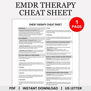 May include: A printable one-page cheat sheet with a red border outlining the text "1 Page". The cheat sheet provides a definition of EMDR therapy, key concepts, how bilateral stimulation works, what to expect during an EMDR session, and common misconceptions about EMDR therapy.