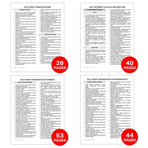 Peut inclure: Quatre pages de feuilles de travail imprimables pour les s&eacute;ances de th&eacute;rapie infantile. Les pages sont intitul&eacute;es "Questions de s&eacute;ance de th&eacute;rapie infantile", "Objectifs et objectifs du plan de traitement infantile", "&Eacute;nonc&eacute;s de notes de progr&egrave;s de la th&eacute;rapie infantile" et "Interventions de th&eacute;rapie infantile pour les notes de progr&egrave;s". Chaque page contient un cercle rouge avec le nombre de pages du document.