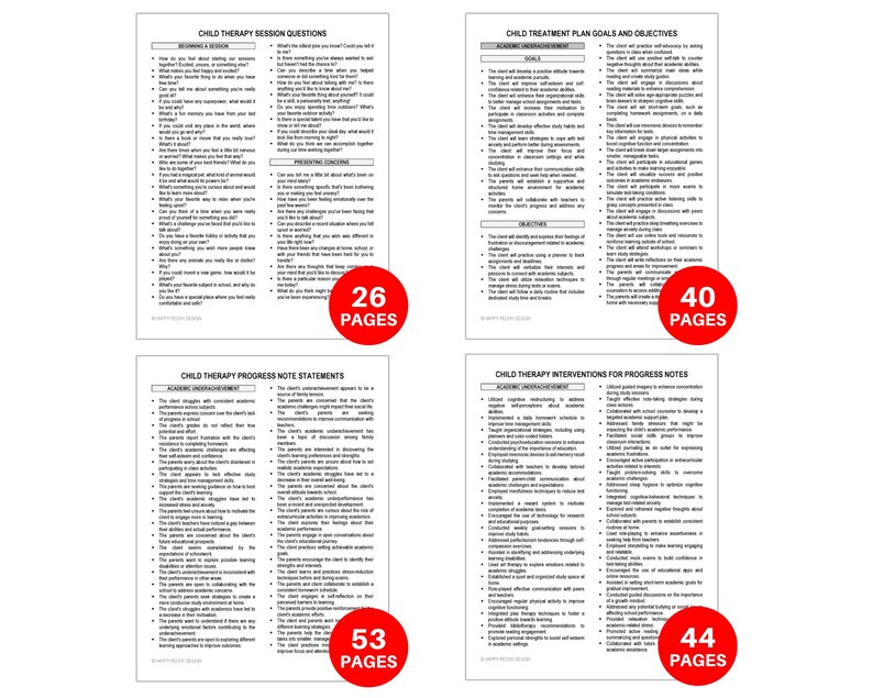 Peut inclure: Quatre pages de feuilles de travail imprimables pour les s&eacute;ances de th&eacute;rapie infantile. Les pages sont intitul&eacute;es "Questions de s&eacute;ance de th&eacute;rapie infantile", "Objectifs et objectifs du plan de traitement infantile", "&Eacute;nonc&eacute;s de notes de progr&egrave;s de la th&eacute;rapie infantile" et "Interventions de th&eacute;rapie infantile pour les notes de progr&egrave;s". Chaque page contient un cercle rouge avec le nombre de pages du document.