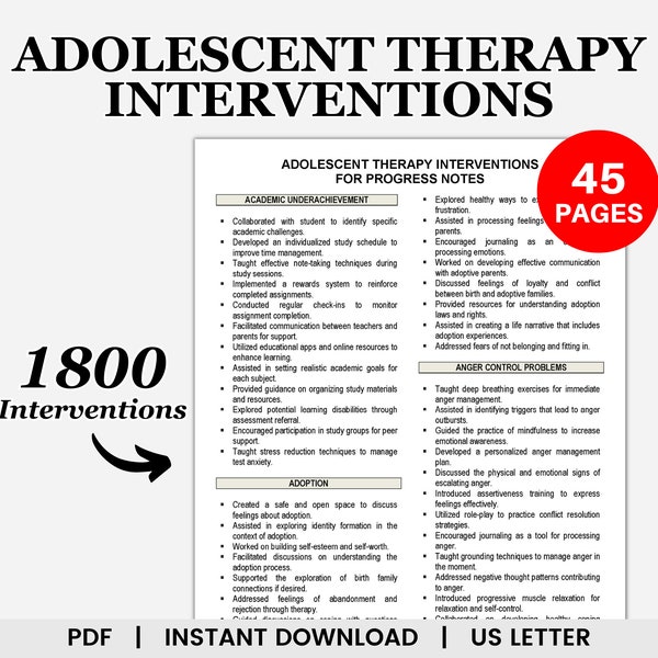 Adolescent Therapy Interventions for Progress Notes, Therapeutic Interventions, Therapy Progress Notes, Psychotherapy Notes, Therapy Tools