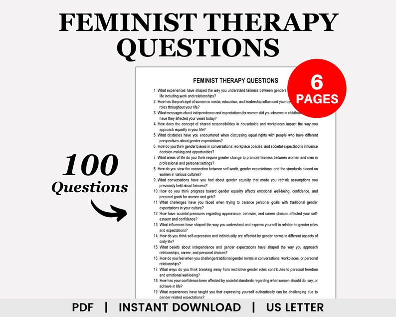 Peut inclure: Une image en noir et blanc avec le texte "Feminist Therapy Questions" en grande police. L'image comprend &eacute;galement le texte "100 Questions" et "6 Pages".