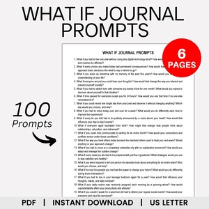 May include: A digital download of journal prompts titled "What If Journal Prompts." The image displays a list of 19 questions, 100 prompts, and a red circle with "6 Pages." The prompts are designed to encourage reflection.