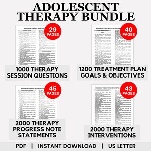 Op de afbeelding: Een digitaal downloadpakket met printbare bronnen voor adolescententherapie. Het pakket bevat 1000 therapie-sessievragen, 1200 doelen en doelstellingen voor behandelplannen, 2000 therapie-voortgangsnotities en 2000 therapie-interventies. Het pakket is beschikbaar in PDF-formaat en is een directe download. De tekst "PDF | DIRECTE DOWNLOAD | US LETTER" staat onderaan de afbeelding.