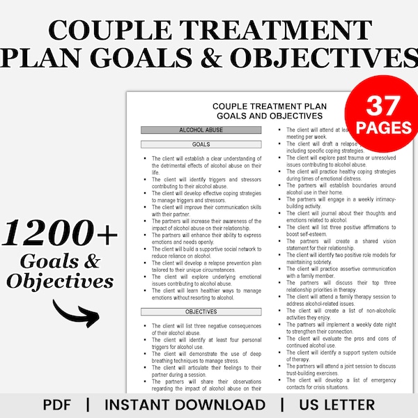 Couple Treatment Plan Goals and Objectives, Therapy Goals and Objectives, Treatment Planning Tool, Treatment Planner, Treatment Plan