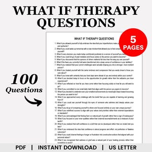 Op de afbeelding: Een printbaar PDF-document met 100 "Wat als Therapie Vragen" op vijf pagina's. Het document is ontworpen om mensen te helpen hun gedachten en gevoelens te verkennen.