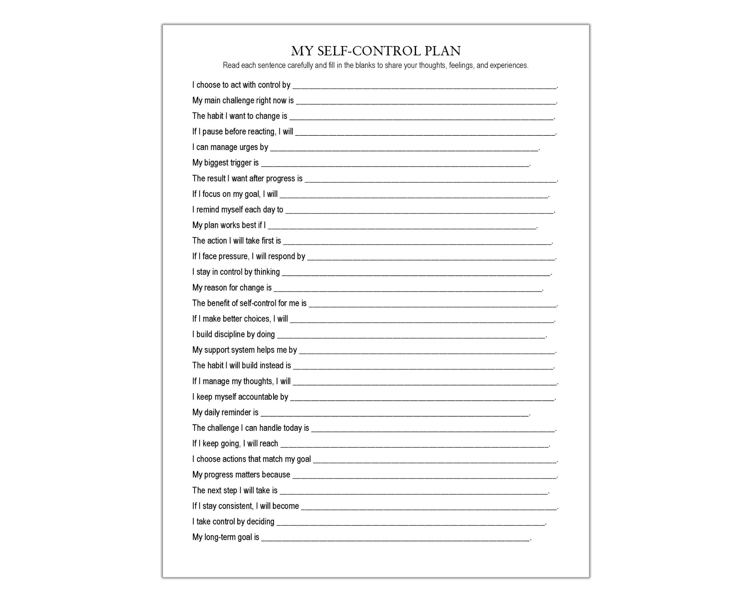 My Self Control Plan Worksheet, Impulse Control, Urge Surfing ...