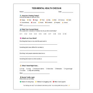 Puede incluir: Un formulario en papel blanco titulado "TEEN MENTAL HEALTH CHECK-IN" (Control de salud mental para adolescentes). Incluye secciones para el estado de &aacute;nimo, pensamientos y necesidades, con indicaciones y casillas. Un recurso de salud mental.