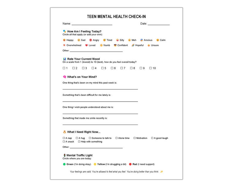Puede incluir: Un formulario en papel blanco titulado "TEEN MENTAL HEALTH CHECK-IN" (Control de salud mental para adolescentes). Incluye secciones para el estado de &aacute;nimo, pensamientos y necesidades, con indicaciones y casillas. Un recurso de salud mental.