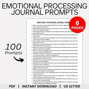 Può includere: Un download PDF stampabile di 100 prompt di diario per l'elaborazione emotiva. Il documento è lungo 6 pagine e include il testo "Emotional Processing Journal Prompts" e "100 Prompts".