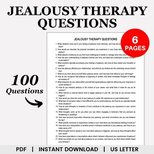 Puede incluir: Un documento PDF imprimible con el título "Preguntas de terapia de celos" y el texto "100 preguntas" en una fuente grande. El documento contiene una lista de 21 preguntas relacionadas con los celos y su impacto en las relaciones, los pensamientos y los comportamientos.