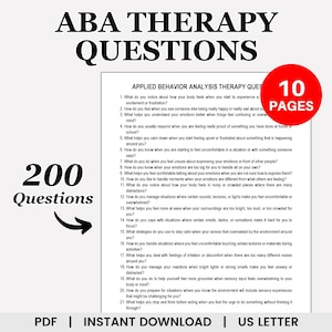 May include: A printable PDF document with the title "ABA Therapy Questions" and a subtitle "200 Questions". The document is 10 pages long and includes a list of questions related to applied behavior analysis therapy.