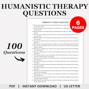 Puede incluir: Un documento PDF imprimible con 100 preguntas de terapia humanística para la autorreflexión y el crecimiento personal. El documento tiene 6 páginas e incluye el texto "Preguntas de terapia humanística" y "100 preguntas".