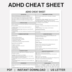 Peut inclure: Un document informatif blanc intitulé ADHD CHEAT SHEET avec du texte noir organisé en sections incluant Définition, Types de TDAH, Symptômes courants, Causes, Diagnostic, Options de traitement, Vivre avec le TDAH, Mythes et Faits, et Conclusion.