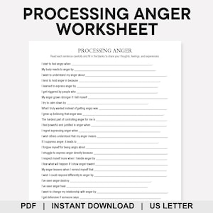 May include: A white worksheet titled "PROCESSING ANGER WORKSHEET" with fill-in-the-blank prompts about anger. The text includes "PDF | INSTANT DOWNLOAD | US LETTER".
