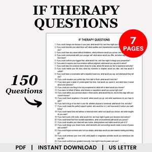 Op de afbeelding: Een printbaar PDF-document met 150 therapie vragen om je te helpen je gedachten en gevoelens te verkennen. Het document is 7 pagina's lang en is geformatteerd in US Letter-formaat.
