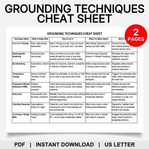 May include: A white printable "Grounding Techniques Cheat Sheet" with a red circle that says "2 PAGES". The sheet lists techniques for managing anxiety, including breathing exercises and sensory awareness.