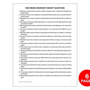 Puede incluir: Un documento blanco con el t&iacute;tulo "NIGHTMARE DISORDER THERAPY QUESTIONS" y 19 preguntas sobre sue&ntilde;os. Un c&iacute;rculo rojo con "6 PAGES" est&aacute; en la esquina inferior derecha. El documento es de Happy Peony Design.