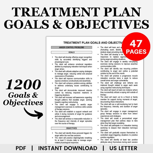 Treatment Plan Goals and Objectives, Therapy Goals and Objectives, Treatment Planning Tool, Treatment Plan Cheat Sheet, Treatment Planner