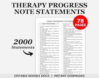 Editable Therapy Progress Note Statements, Progress Notes, Progress Report, Psychotherapy Notes, Counselor Notes, Treatment Planner