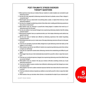 May include: A black and white printable worksheet with the title "Post-Traumatic Stress Disorder Therapy Questions". The worksheet contains 19 questions related to trauma and its impact on mental health.