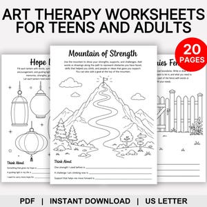 May include: A set of 20 printable art therapy worksheets for teens and adults, featuring black and white line art designs including a Mountain of Strength, lanterns, and a fence. The pages include prompts and lines for writing, in US Letter size.