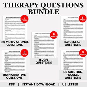 May include: A digital download bundle of therapy questions for therapists. The bundle includes 150 motivational interviewing therapy questions, 150 internal family systems therapy questions, 100 narrative therapy questions, 150 gestalt therapy questions, and 100 solution-focused therapy questions. The bundle is available in PDF format and is an instant download.