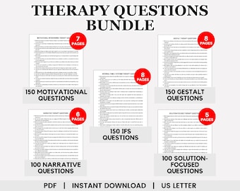 Therapy Questions Bundle, Motivational Interviewing Questions, IFS Therapy, Gestalt Therapy, Narrative Therapy, Counseling Questions