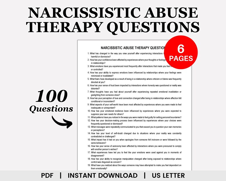 Pu&ograve; includere: Un documento PDF stampabile in bianco e nero con il titolo "Narcissistic Abuse Therapy Questions" e il testo "100 Questions" in un carattere grande. Il documento contiene 6 pagine di domande relative all'abuso narcisistico.