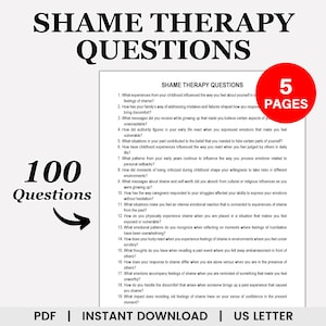 以下が含まれることがあります： 「Shame Therapy Questions」というタイトルと大きな円の中に「100 Questions」というテキストが書かれた白黒の印刷可能なPDFドキュメント。このドキュメントには、恥と自尊心に関する19の質問が含まれています。このドキュメントは5ページです。