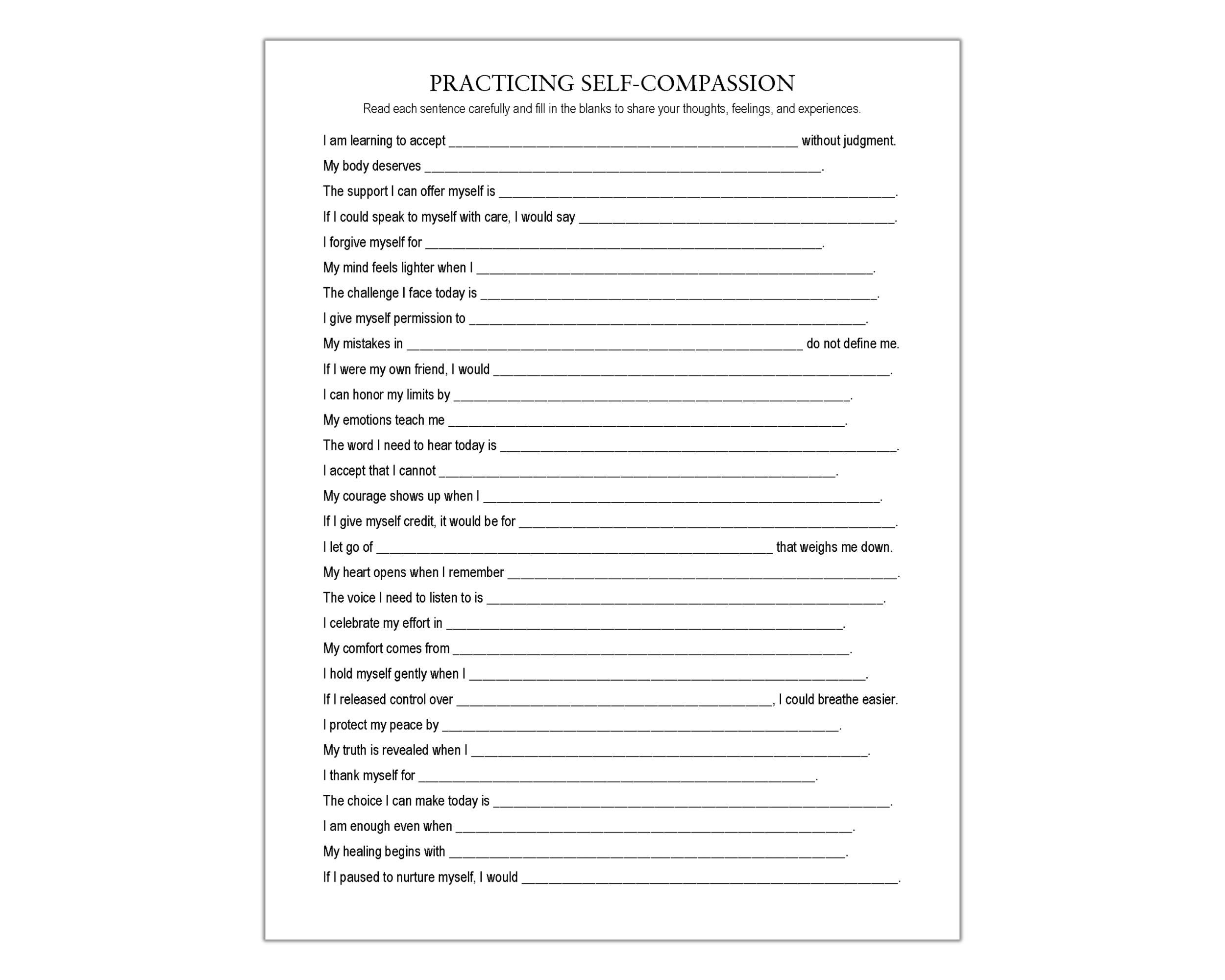 Practicing Self Compassion Worksheet, Self Kindness, Self Acceptance ...