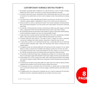 May include: A white sheet of paper with black text listing 16 contemporary romance writing prompts. The text includes titles such as "Two strangers accidentally switch smartphones" and "A successful career-driven woman unexpectedly inherits a falling family bakery". The bottom right corner of the page has a red circle with the text "8 PAGES" in white.