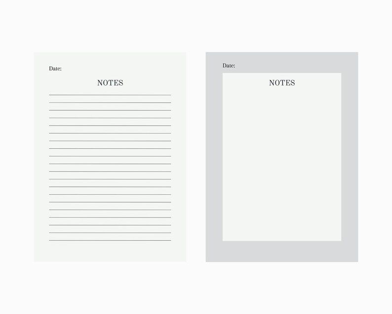 May include: Two blank lined note pages with the word "NOTES" at the top of each page. The page on the left is white and the page on the right is light gray.